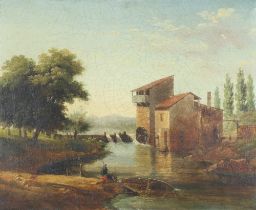 Clarke, oil on canvas, Continental riverscape with watermill and figures 36.5cm x 45cm This painting