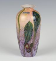 A Jonathan Harris Studio Glass vase decorated with stylised leaves, Ironbridge 2006, 16cm