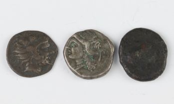 Three ancient Greek coins, two silver Hemidrachms, total weight 4.6 grams, together with a bronze