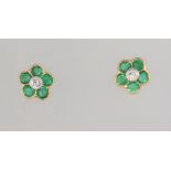 A pair of yellow metal 750 emerald and diamond ear studs, 5mm, 2.5 grams