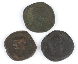 Three brass dupondius coins for the wives of Roman emperors: Herennia Etruscilla (Trojan Decius);