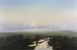 Michael Morris born 1938, oil on canvas sunset rural landscape 59cm x 90cm