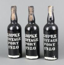 Three bottles of 1980 Kopke vintage port