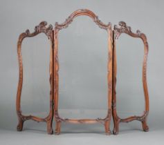 A Victorian carved mahogany and glass triple fold fire screen 105cm x 94cm