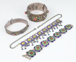 An Eastern enamelled coral mounted bangle and 1 other, a bracelet and necklace
