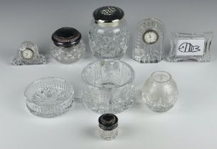 A Waterford Crystal glass bowl 8cm, 1 other, a vase, photograph frame, 2 lidded jars, 2 time