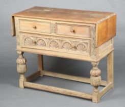 A 17th Century style bleached oak drop flap side table, fitted 2 short and 1 long drawer, raised