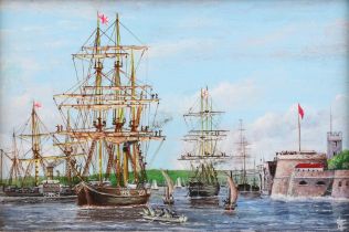 Trevor L Young, oil on board monogrammed, miniature maritime study, HMS Discovery, Alert and