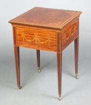 Maple & Company Ltd, an Edwardian square inlaid mahogany surprise drinks table with hinged lid,