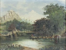 19th Century Continental oil on canvas unsigned, lake scene with figures and distant hills,