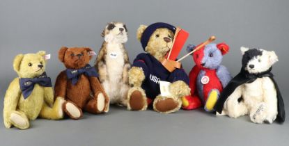 Six Steiff teddy bears - Phantom of The Opera 662164, Harlequin, two A Million Hugs bears, Mongo