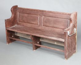 An elm pew, the sides with metal stick stands 87cm h x 163cm w x 43cm d (seat 151cm w x 24cm d)