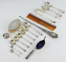 A George III silver teaspoon, minor spoons etc, a salt with blue glass liner in the form of a long
