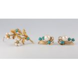 A 9ct seed pearl and turquoise floral brooch together with a pair of similar yellow metal ear studs,