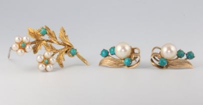 A 9ct seed pearl and turquoise floral brooch together with a pair of similar yellow metal ear studs,