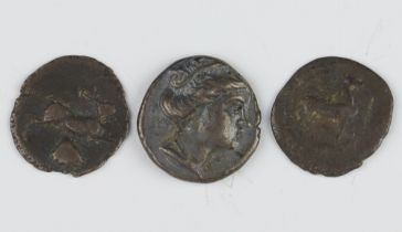 Three Ancient Greek silver Obol or Diobol coins, dated between 400 and 200BC, total weight 6.7