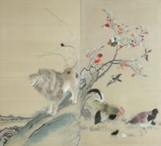 A pair of Japanese silk pictures of a lion and birds amongst trees 90cm x 50cm