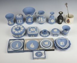 A Wedgwood blue Jasper flared neck vase 15cm, 4 other vases, 4 boxes, 6 dishes, a candle holder