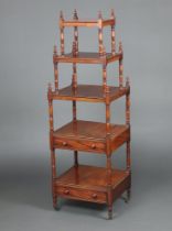 A 19th Century and later square mahogany 5 tier what-not, the base fitted 2 drawers, raised on