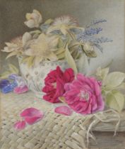 Watercolour, still life bowl of flowers, unsigned, label on verso William Duff(ield ?) 32cm x 27cm