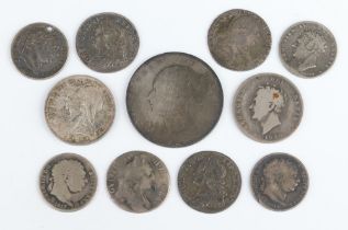 A collection of British Sterling coins: 1 half crown, silver shillings and sixpences, pre 1902, 46.