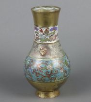 A Japanese gilt bronze and cloisonne enamel club shaped vase 31cm, the base is drilled