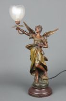 A French spelter figure La Paix Amee, converted for use as an electric table lamp with etched