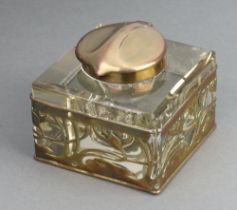 A Continental Art Nouveau square glass inkwell with pierced gilt metal mount 5cm x 8cm x 8cm Chip to