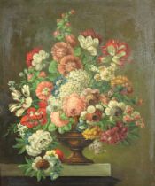 19th Century Dutch school oil on canvas unsigned, still life vase of flowers on a marble shelf,