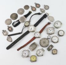 Seven silver sports fobs and minor silver wristwatch cases