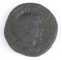 A brass dupondius coin for Maximin I, Rome 235/6AD, the reverse side shows Providentia with a