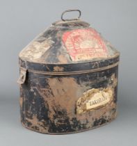 A 19th Century oval pressed metal military hat box with hinged lid 42cm x 47cm x 32cm (some labels