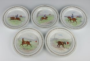 Five Mintons plates with pierced borders and amusing hunting scenes 23cm Two plates are cracked