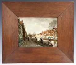 A Dutch Rozenburg Den Haag ceramic tile, after a work by Klinkenberg painted a canal scene