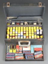 A collection of boxed TV and radio valves, all housed in a wooden carry case