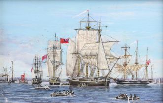 Trevor L Young, oil on board monogrammed, maritime miniature study "HMS Resolute and Squadron