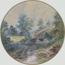 J C, Edwardian watercolour monogrammed, circular rural scene with buildings and fancy floral frame