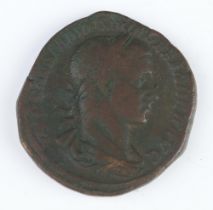 A brass sestertius of of Severus Alexander (222-35AD), the reverse shows Mars carrying a spear and