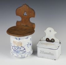 A wooden mounted ceramic salt pot 32cm together with a French enamelled wall match holder 17cm