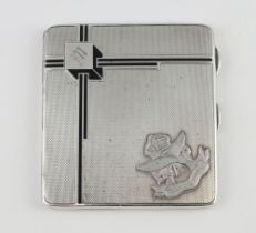 An Art Deco engine turned silver and enamelled cigarette case Birmingham 1932, 141 grams