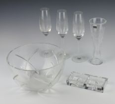 A John Rocha for Waterford Crystal fruit bowl 25cm, 3 champagne glasses, a vase and a pin tray