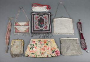 A chain mail script purse, 2 ladies chain mail evening bags, a miser's purse, 3 bead work evening