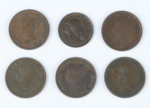 Six British farthing-fractional coins