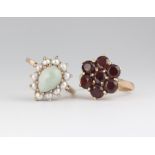A 9ct yellow gold pearl and hardstone pear shaped ring, a ditto garnet ring sizes O and O 1/2, 8