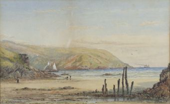 Henry A Luscombe (b1820) a West Country coastal scene with figures and ships 22cm x 36cm