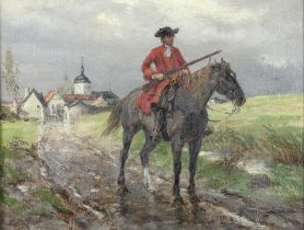 19th century, oil on canvas, soldier on horseback in Continental landscape 21cm x 29cm