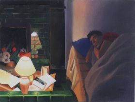 ** Lesley Banks, oil on board signed, a scene with sleeping gentlemen 15cm x 20cm **Please Note -