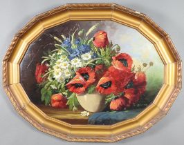 ** E Therry, oil on board, still life study of flowers 57cm x 78cm, contained in a hexadecagon frame