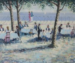 Weston, oil on canvas, Continental promenade scene with figures 48cm x 58cm