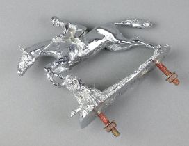 A chrome car mascot in the form of a huntsman and hound 10cm x 10cm x 4cm, the base marked M H N